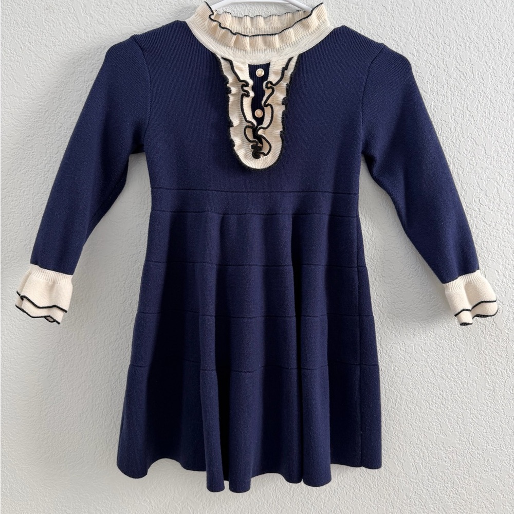Girls Navy Long-sleeve Knit Dress, Vintage Style, Flare Skirt, Ruffles, Sz Small